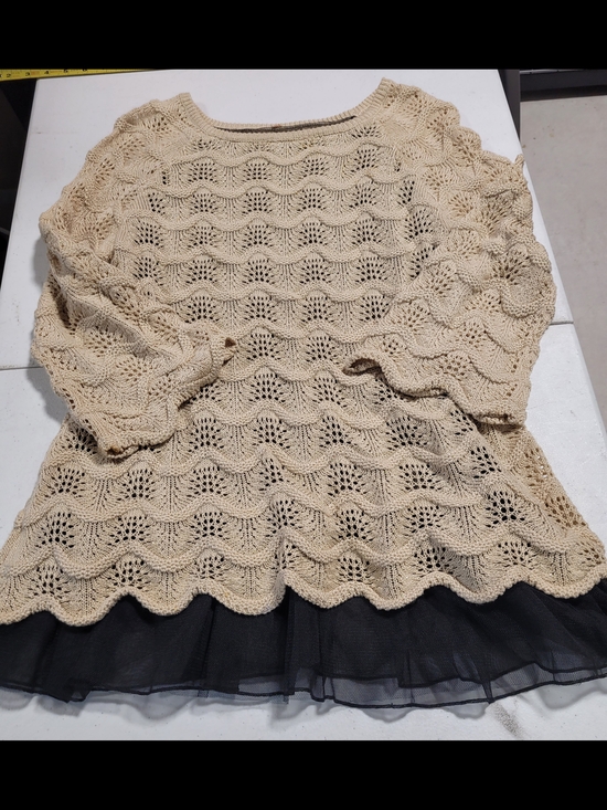 Sweaters - Beige Crochet Knit Tunic with Black Sheer Hem